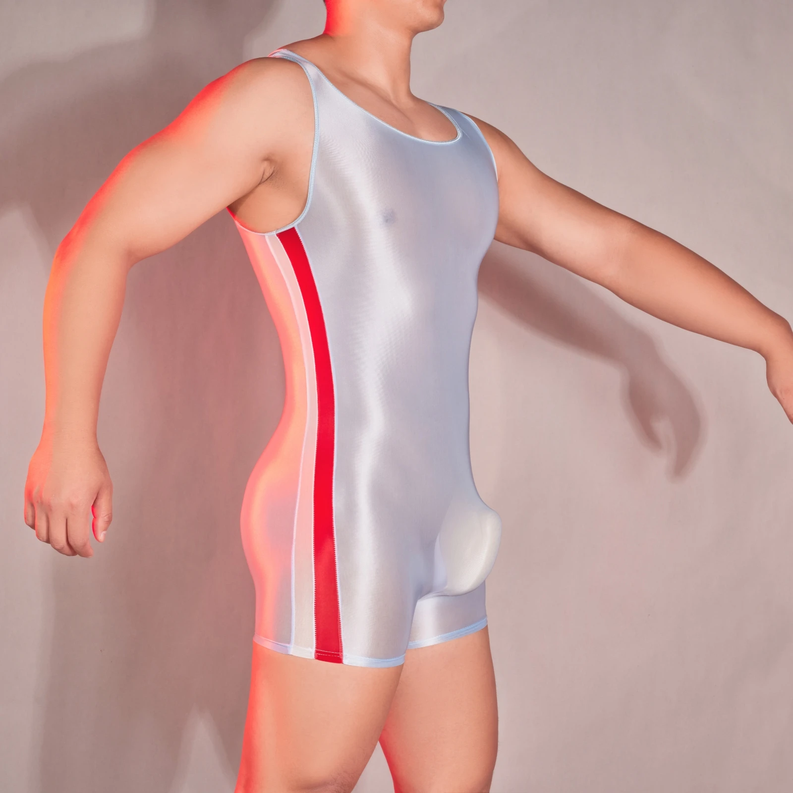 Men Sexy Contrast Color Bodysuit Oil Glossy See Through Stretchy Rompers Male Thin Playsuits Sheer Ice Silk Soft Tank Sleepwear men bodysuits men jumpsuits men lingerie