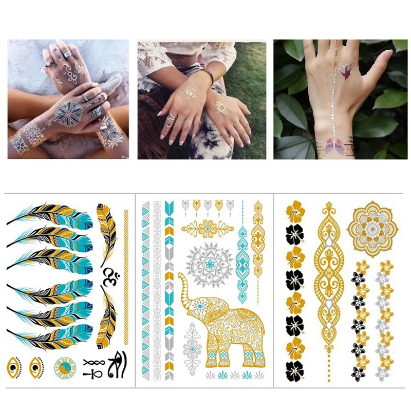 

Flash Gold Temporary Tattoos Metallic For Women Adult Golden Festival Sun Moon Star Butterfly Glitter Tattoo Sticker Fake Tattoo