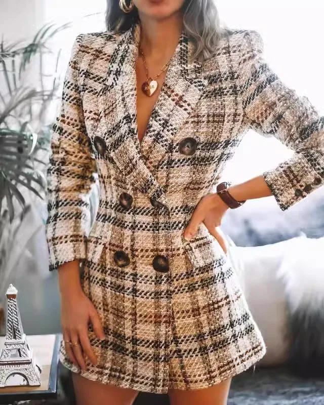 

Women's double breasted fashionable printed plaid woolen jacket with personalized and versatile commuting clothing