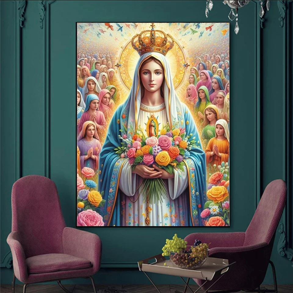 Description Picture 5 of item5D Diamond Painting Religious Madonna Jesus Diamond Embroidery Mosaic DIY Full Round Cross Stitch Rhineons Home Decor Promotion