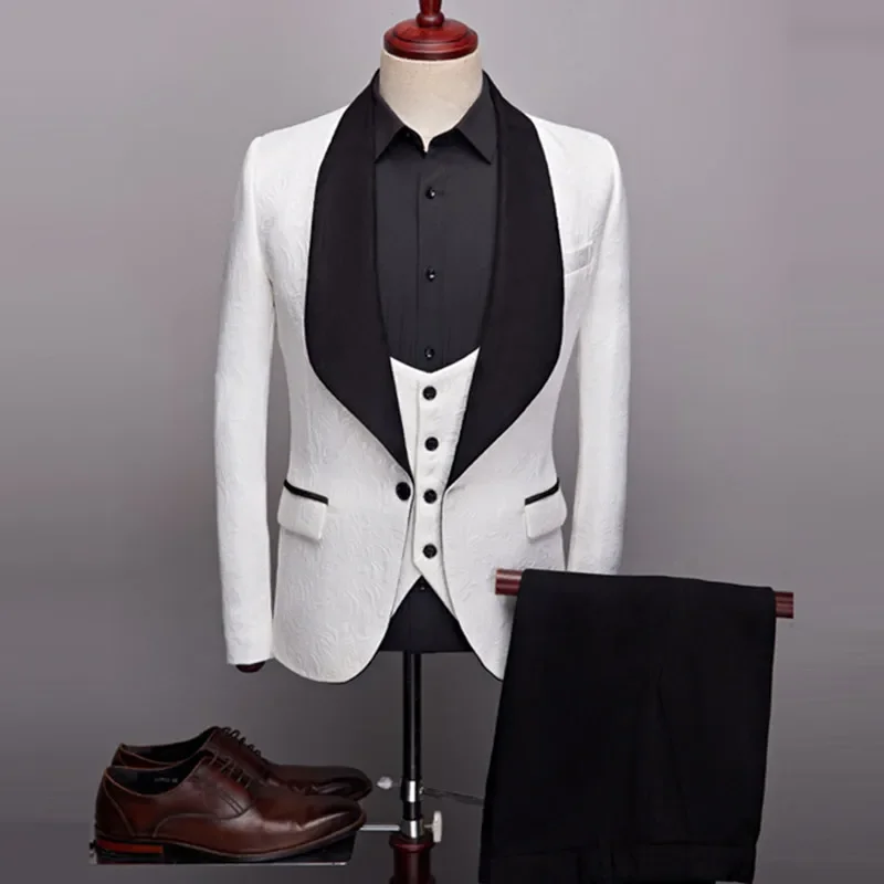 

3 Pcs Set Suit Jacket Vest Pants / Men Casual Boutique Wedding Dark Pattern Big Black Collar Blazers Coat Trousers Waistcoat