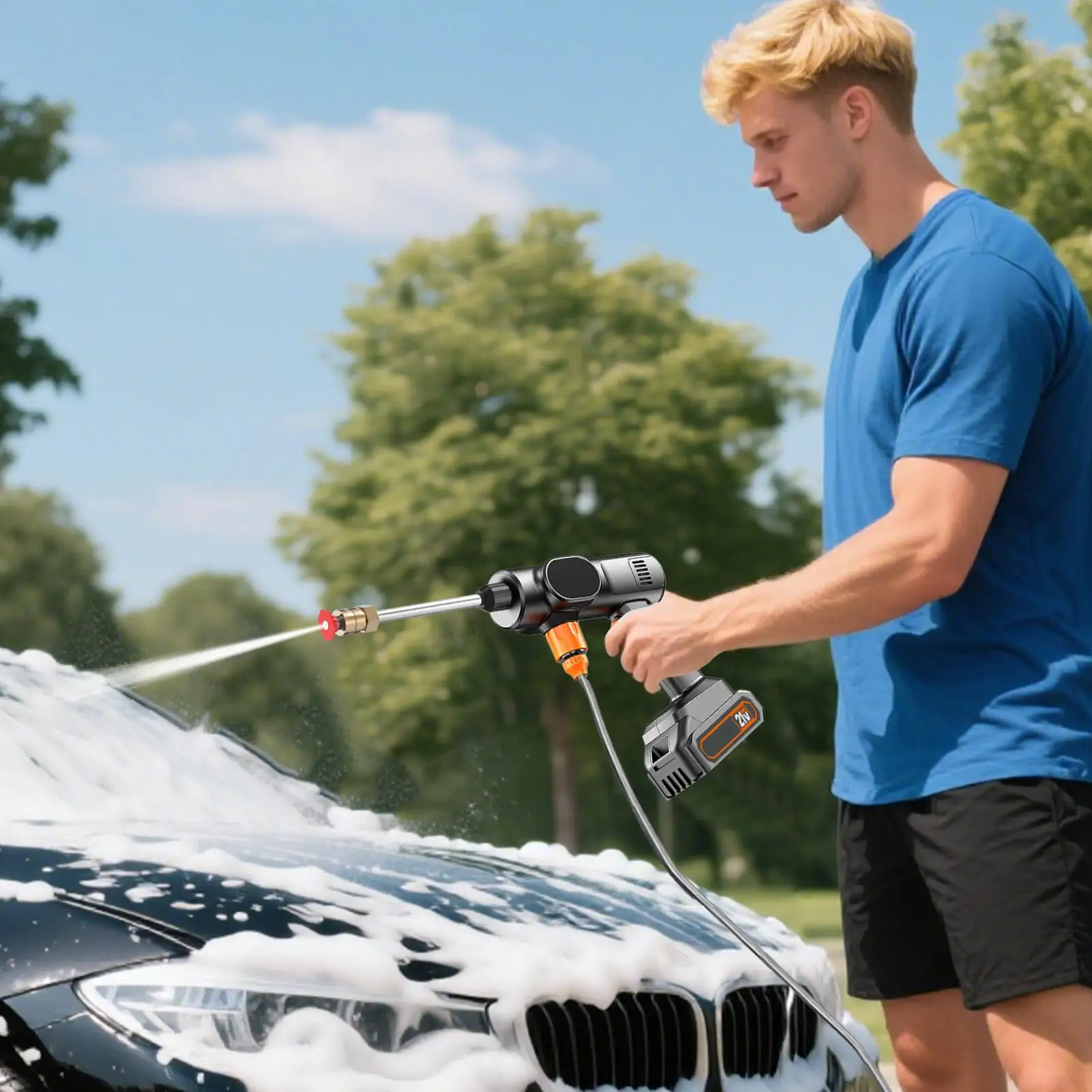 מכונת כביסה ניידת אלחוטית ניידת בלחץ גבוה עם צינור חשמלי לבית, פטיו, מדרגות אוטומטיות