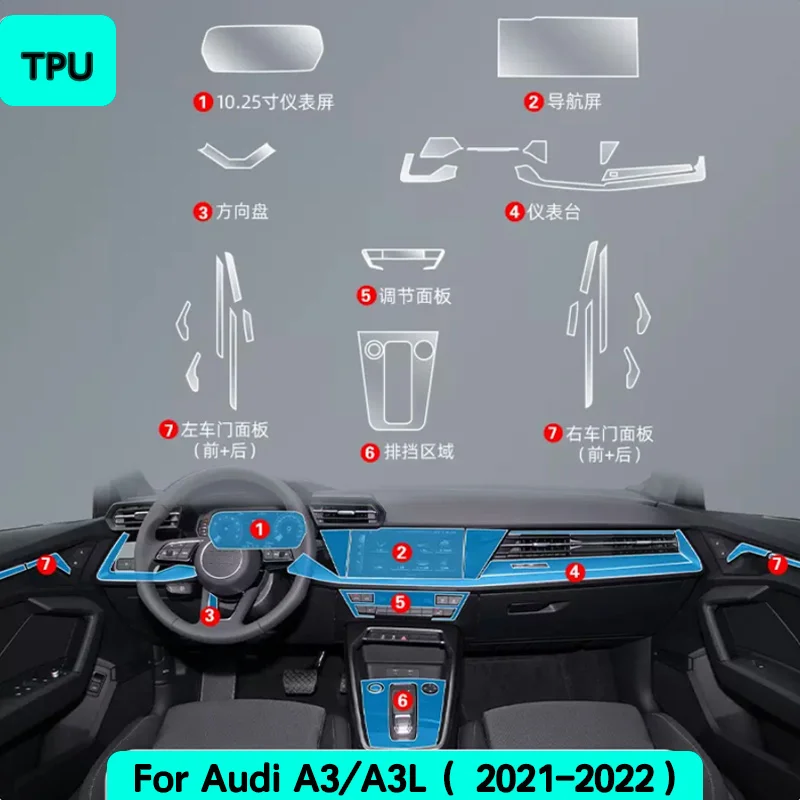 For Audi A3 8Y 2021-2023 Car Interior Center Console Transparent TPU Protective Film Anti-scratch Repair film Accessories Refit