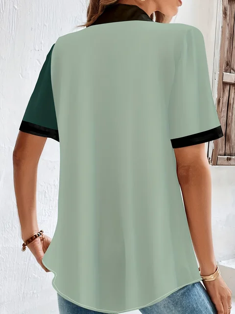 Plus Size Casual Blouse, Women's Plus Colorblock Button Up Short Sleeve Turn Down Collar Blouse 2