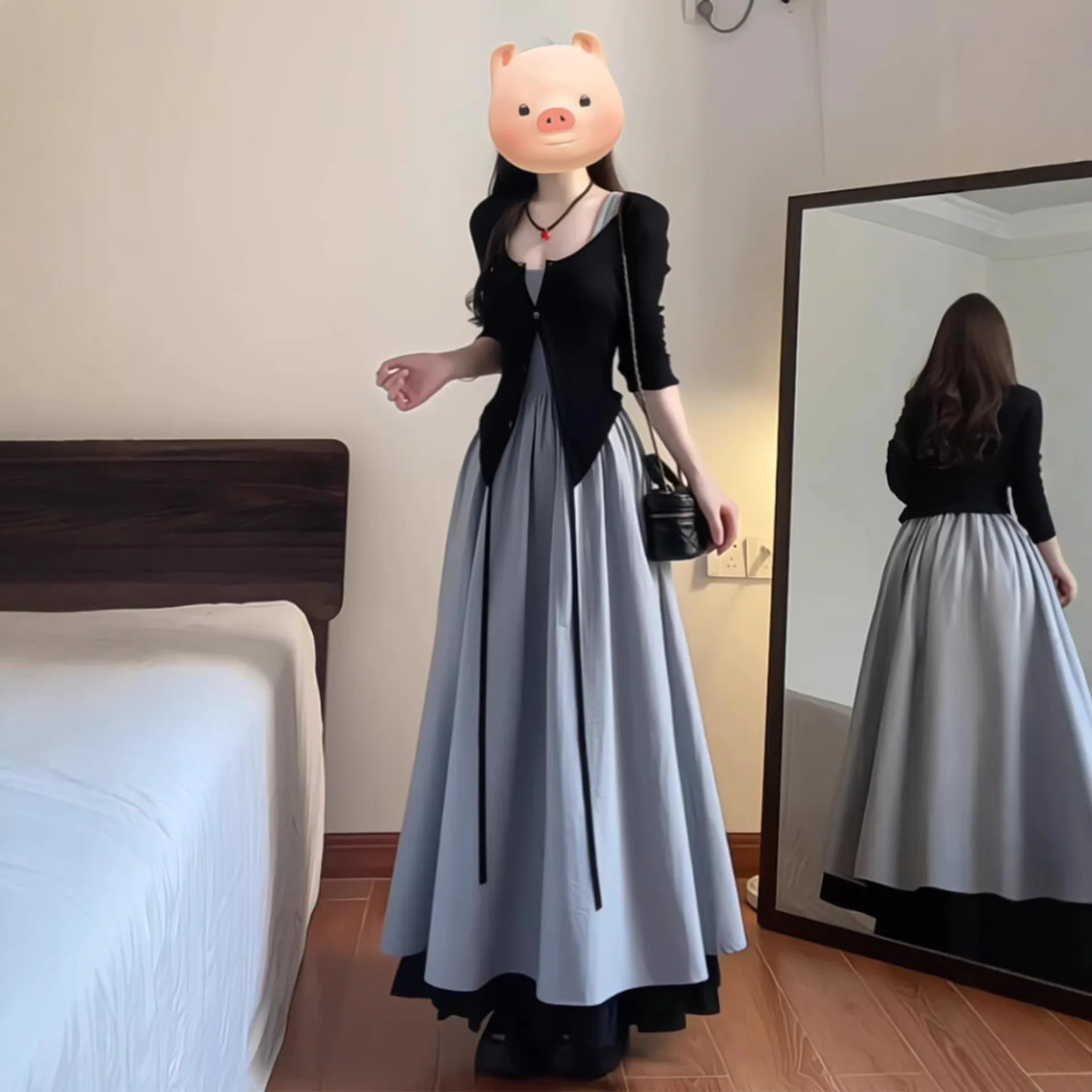 French Style Belted Midi Dress Set Women's Spring Autumn 2026 Elegant Slimming Beautiful Long Skirt Ensemble High Waist Round... 1