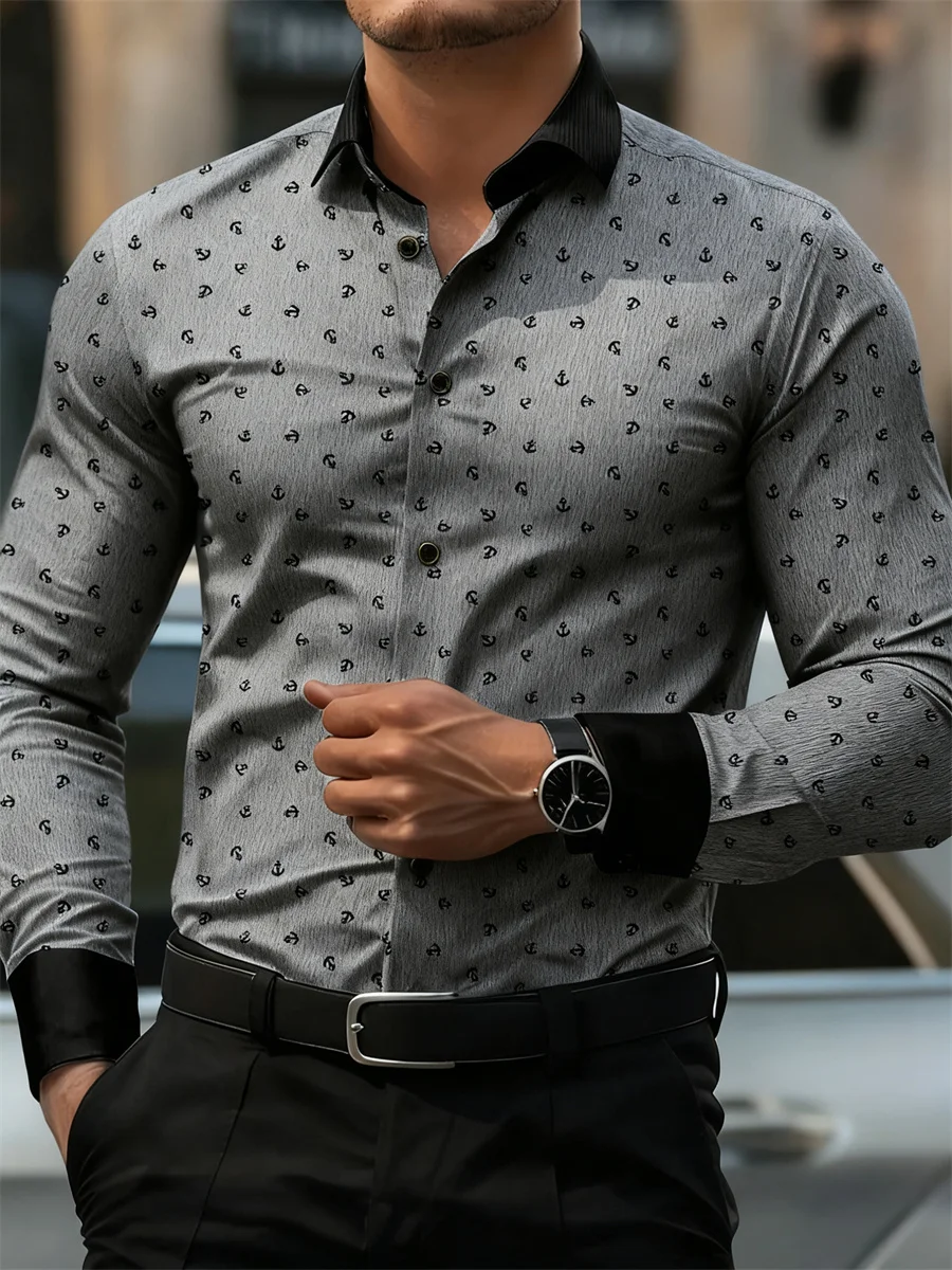 New Men's Fashion Anchor Print Contrast Color Lapel Long Sleeve Shirt Business Casual Slim Fit Non-iron Versatile Shirt XS-6XL