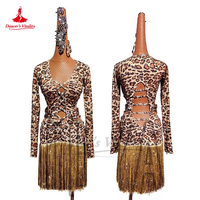 

Latin Dance Dress for Women Chacha Tango Competition Performs Costumes Adult Children Leopard Long Sleeves Latin Dancing Dresses