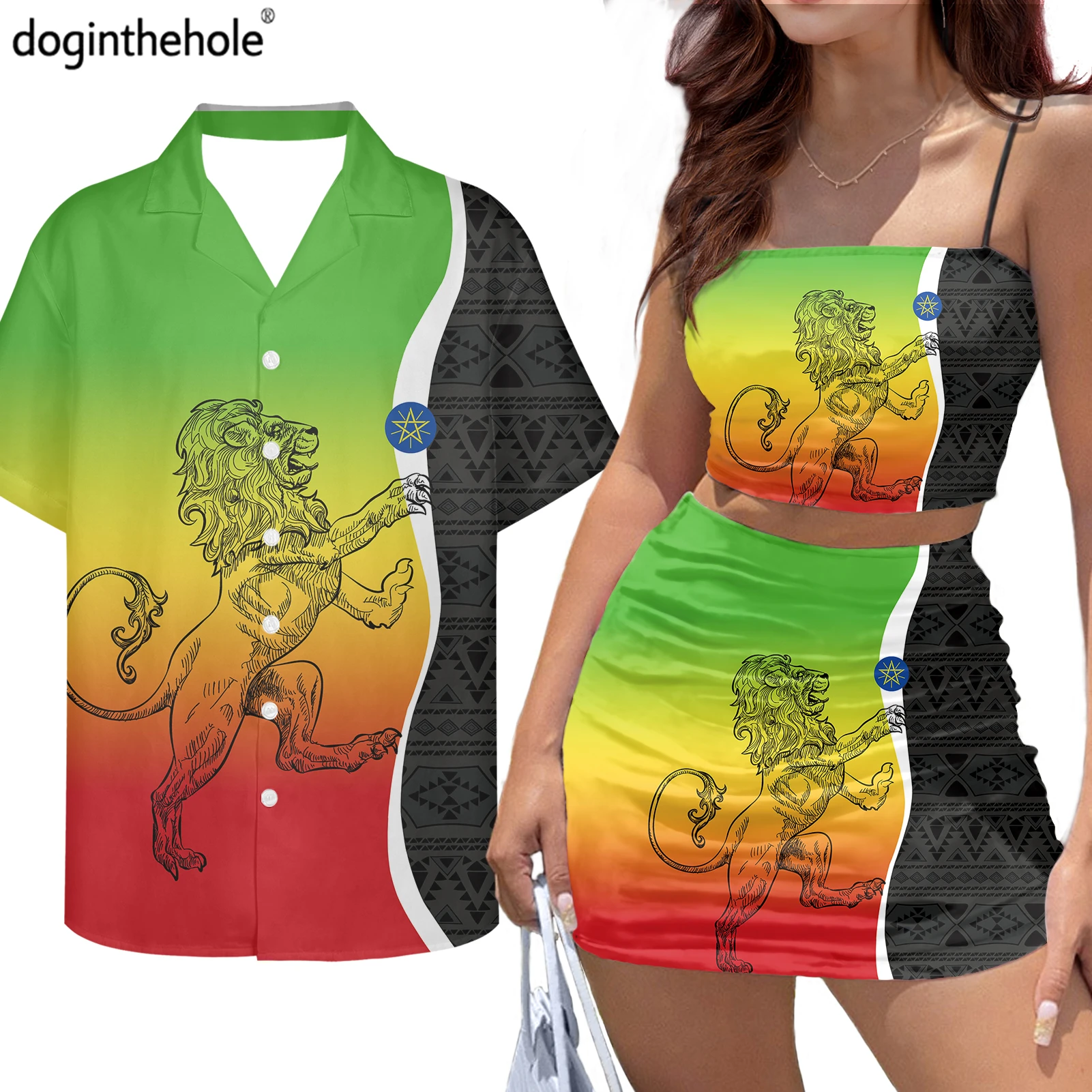 

Ethiopia Flag Lion Print Halter Top Mini Skirt Set Plus Men Beach Shirts Bodycon Short Dress For Women Couples Match Clothing