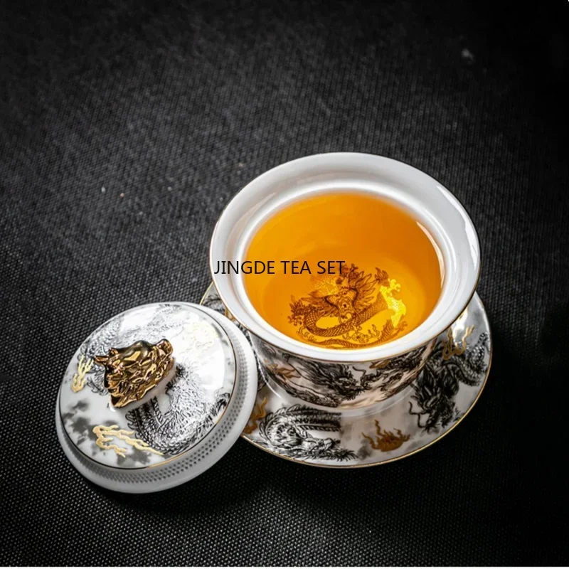 Chinese Dark Dragon White Sheep Fat Jade Porcelain Gaiwan 360&deg; Water Outlet Gold Painted High-end Retro Tea Bowl