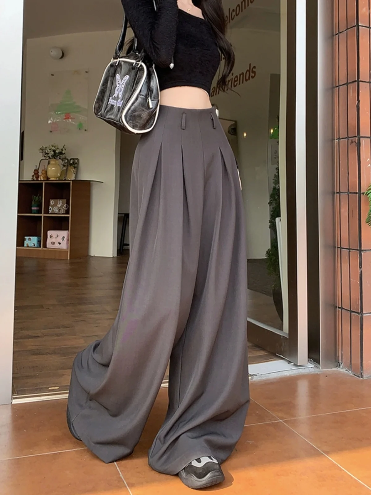 Loose Wide Leg Casual Pants For Women Spring High Waist Pants Versatile Suit Pants Solid Black Grey Khaki Pants