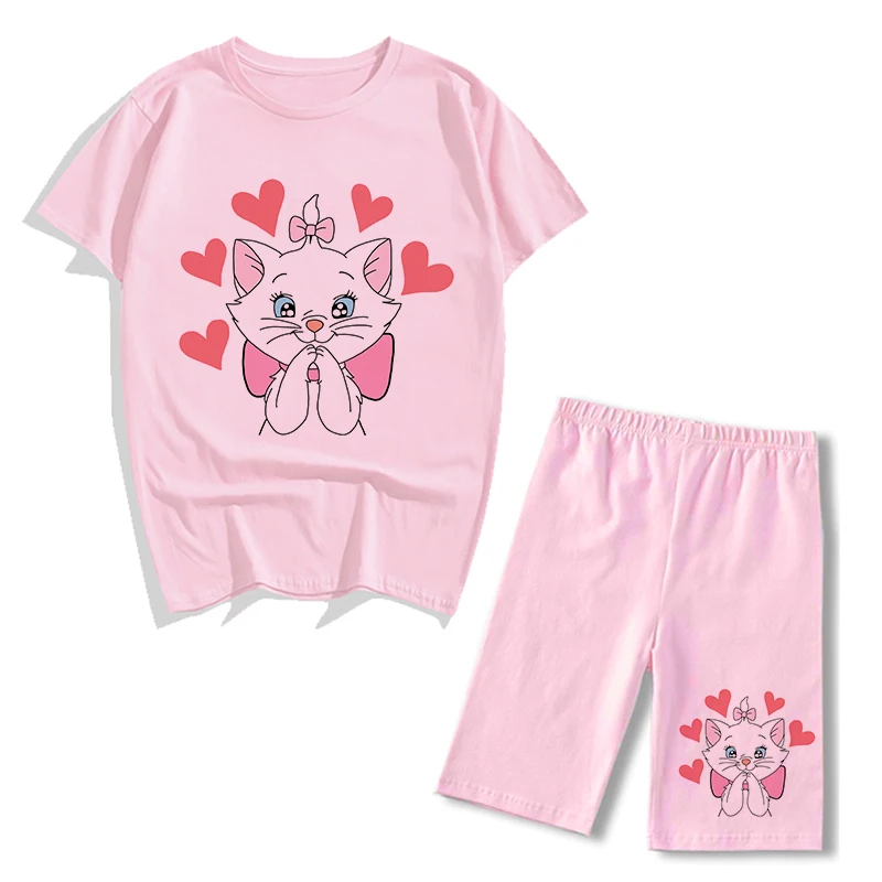 two piece sets Summer Fashion Disney Marie Cat Print Two Piece Set Women Tracksuit Casual Short Sleeve T Shirts And Biker Sports Shorts Outfits sweatpants set