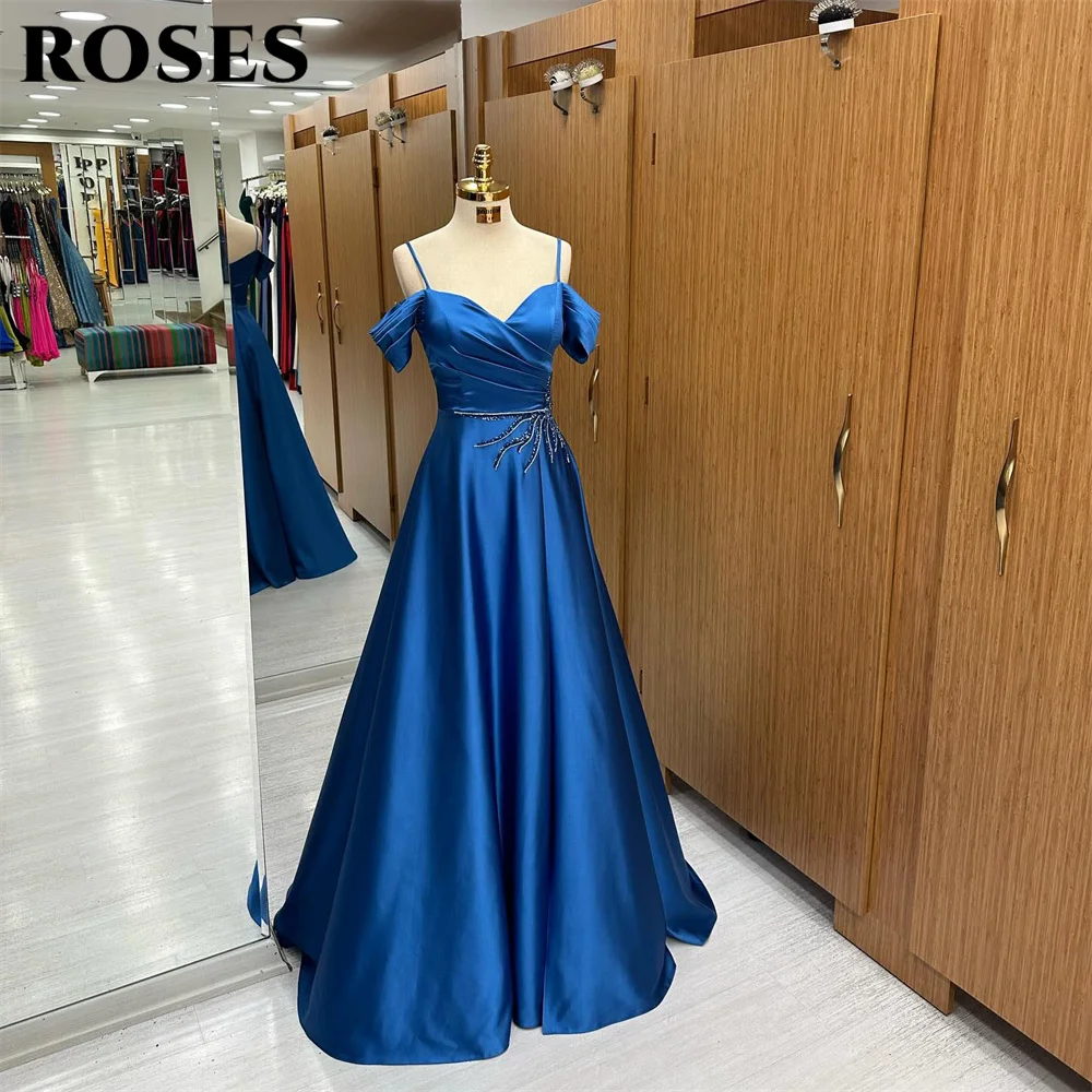 

ROSES Stain Blue Prom Dresses Pleat Off the Shoulder Evening Dresses Appliques A Line Prom Gowns V Neck فساتين مناسبة رسمية