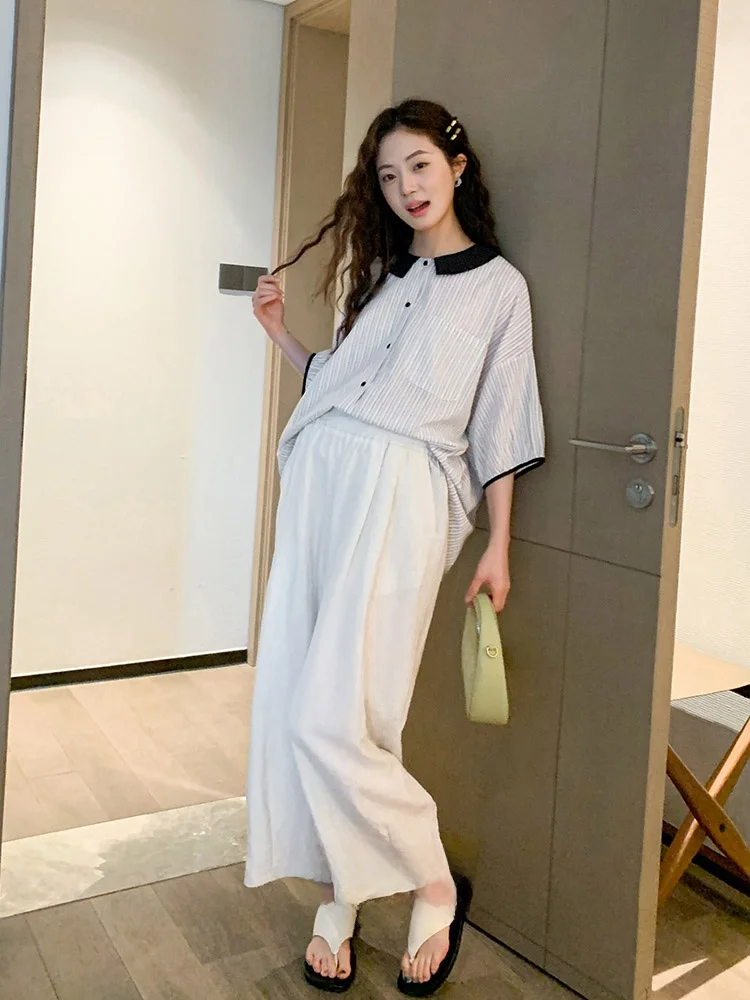 느슨한 한국 스타일 출산 셔츠 반팔 베이비 인형 칼라 스트라이프 컬러 블록 임산부를위한 여름 유행 탑