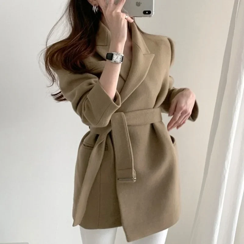 

Women Woolen Coat 2022 Autumn and Winter Style Retro Elegant Lace Lapel Korean Version of Chic Fashion OL Commuter Woolen Coat