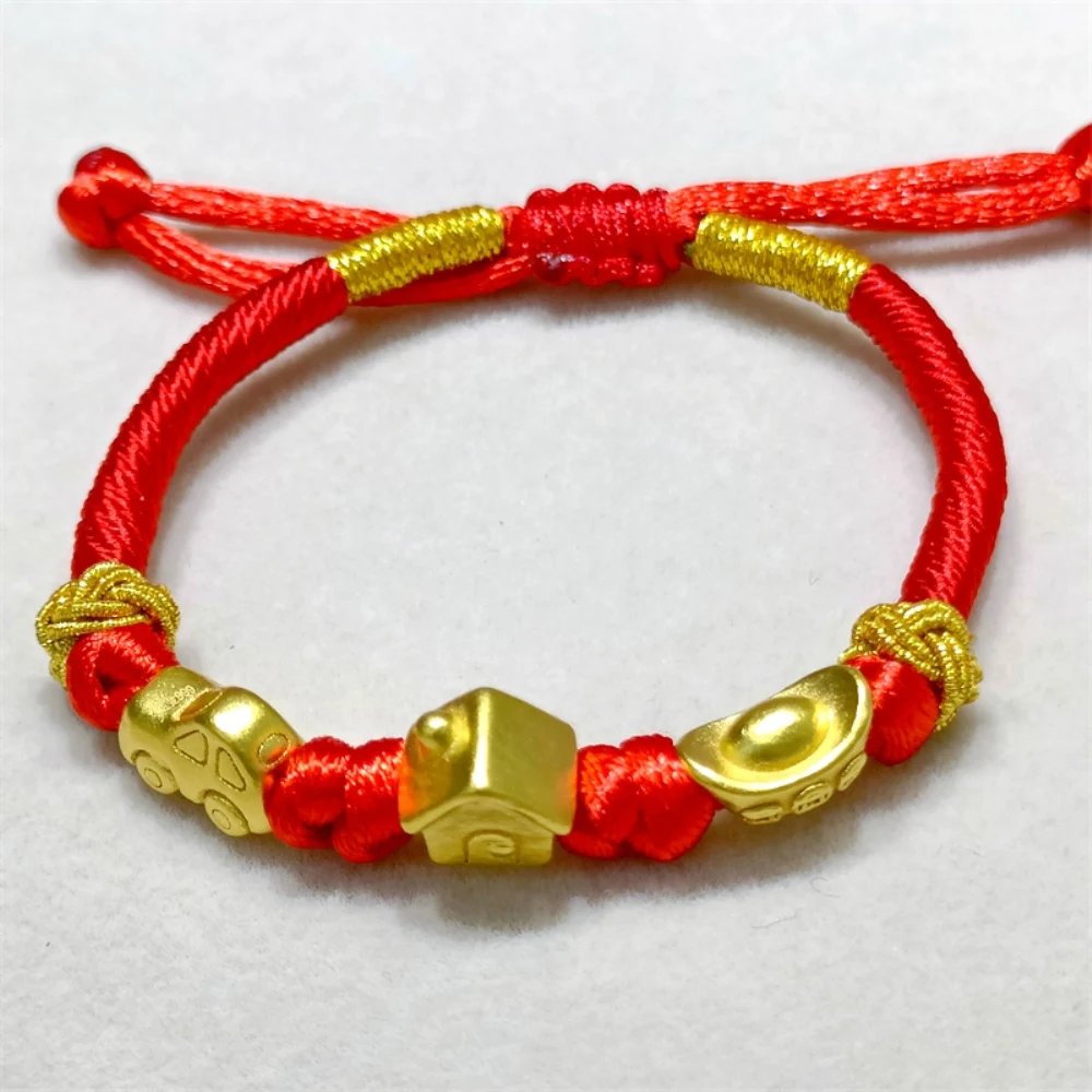 

Real 24K Yellow Gold Bracelet 3D Gold Yuanbao House Car Red Weave Bracelet