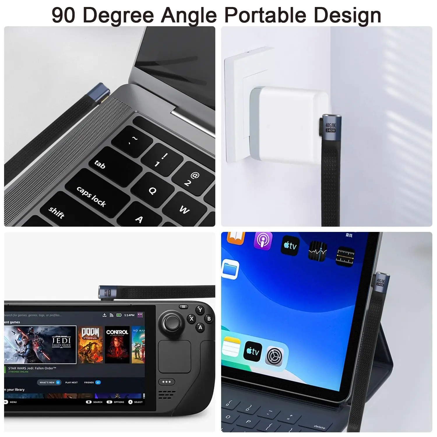 40Gbps USB4.0 C 암-수 90 ° 각도 짧은 케이블 240W 유형 C 4.0 소켓 - 직각 플러그 PD 고속 충전 연장 케이블