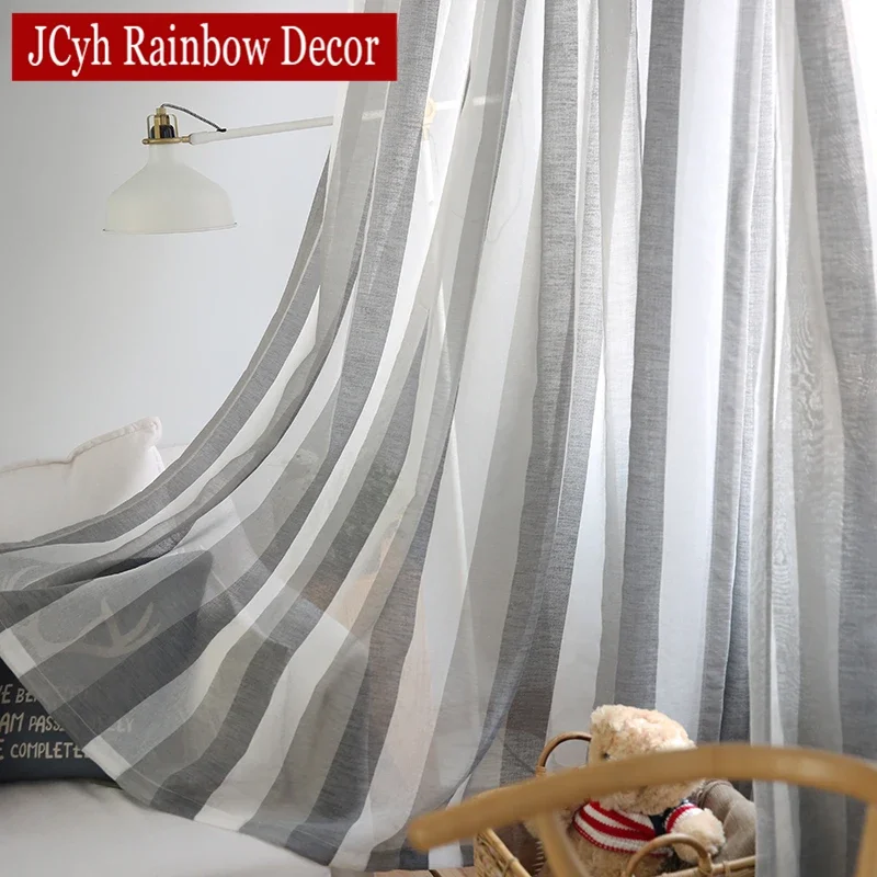 Stripe Sheer Tulle Curtains For Living Room Bedroom Voile Curtains For Window Gray Linen Fabric Modern Drapes
