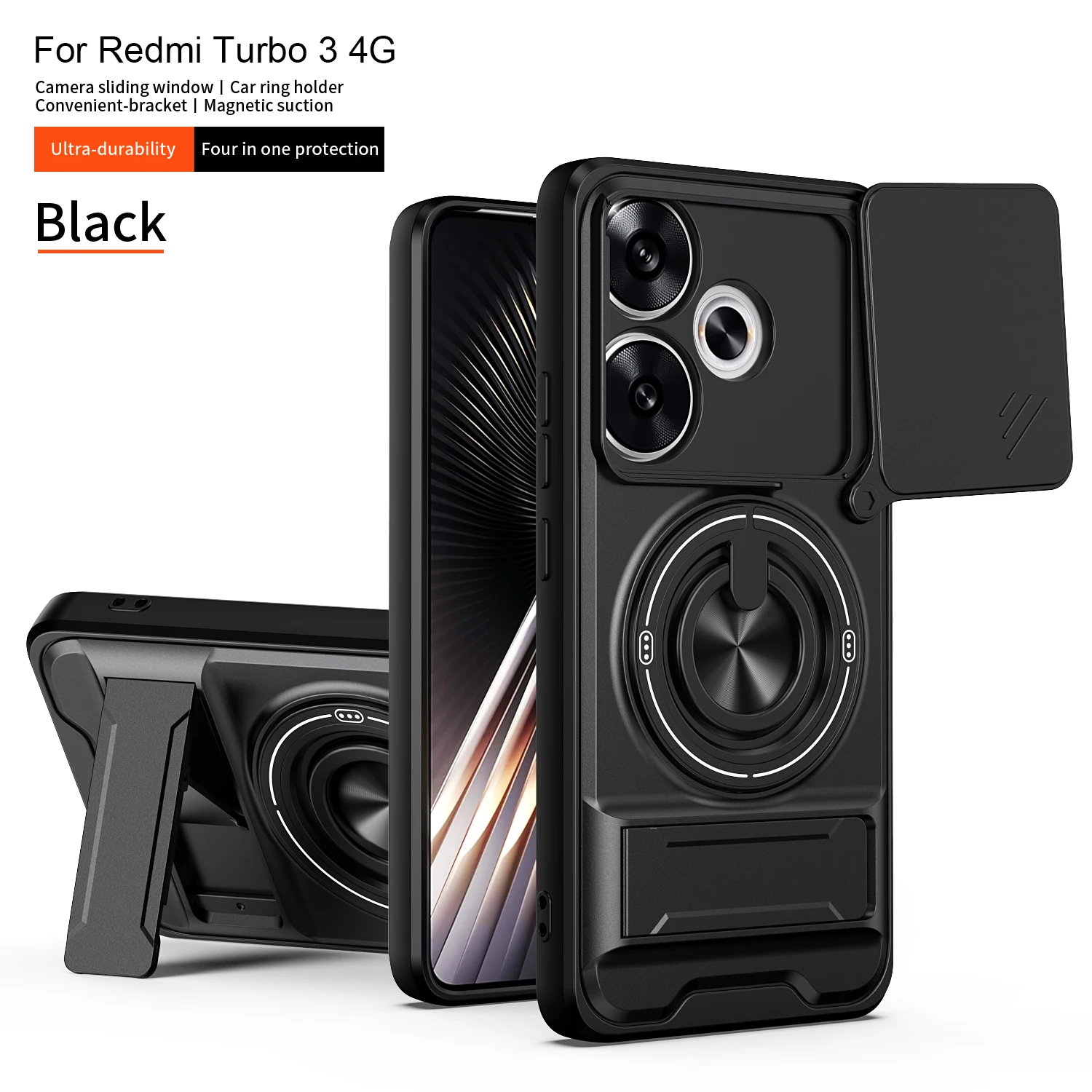 Armor Shockproof Phone Case with Sliding Camera Cap and Built-in Magnet Ring Kickstand
