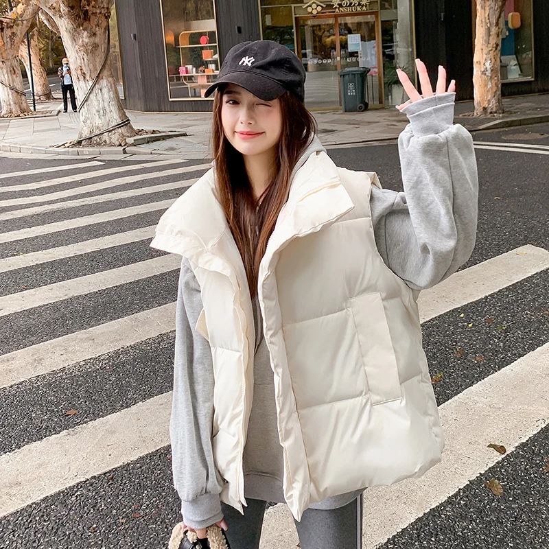 Women Stand Collar Puffy Cotton Down Vest Woman Jacket Coat Autumn Winter  Outerwear Cotton-padded Parkas Female Sleeveless 2022