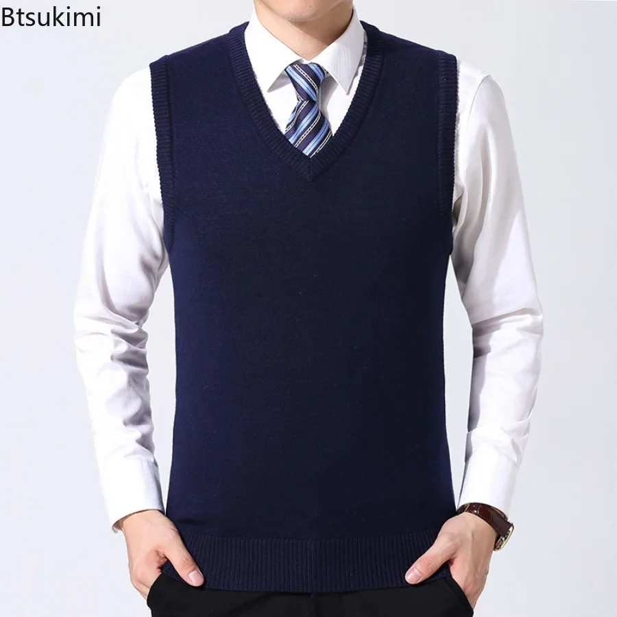2024 Men's Knitted Sweater Vest Pullover Tank Tops Autumn Winter Luxury Men's Business Office Slim Wool Vest Men Solid Vest Tops