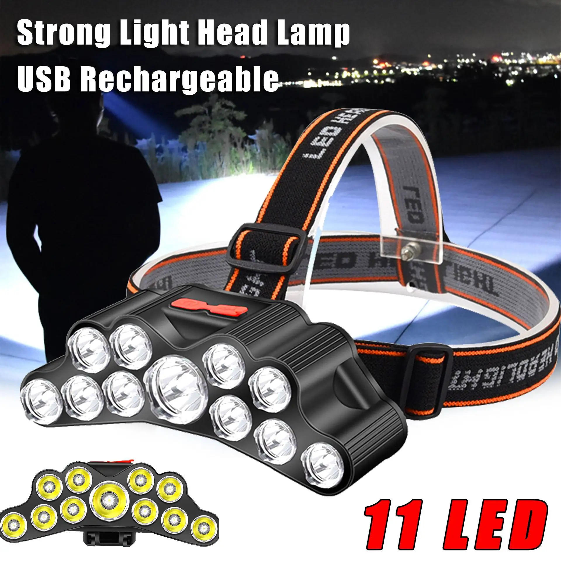 강력한 5/11 LED 전조등 내장 18650 배터리 USB 충전식 헤드 손전등 야외 캠핑 낚시 헤드 라이트 랜턴