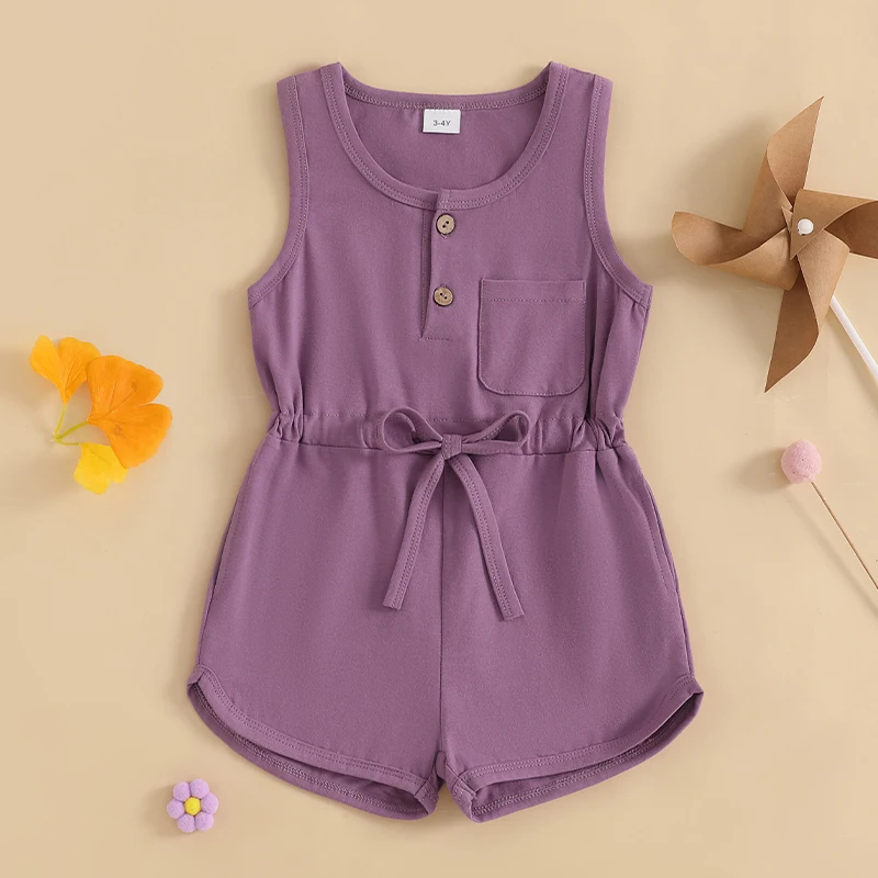 2024-12-04 Lioraitiin Litter Girls Summer Casual Jumpsuit Sleeveless Crewneck Solid Color Drawstring Tank Romper 4