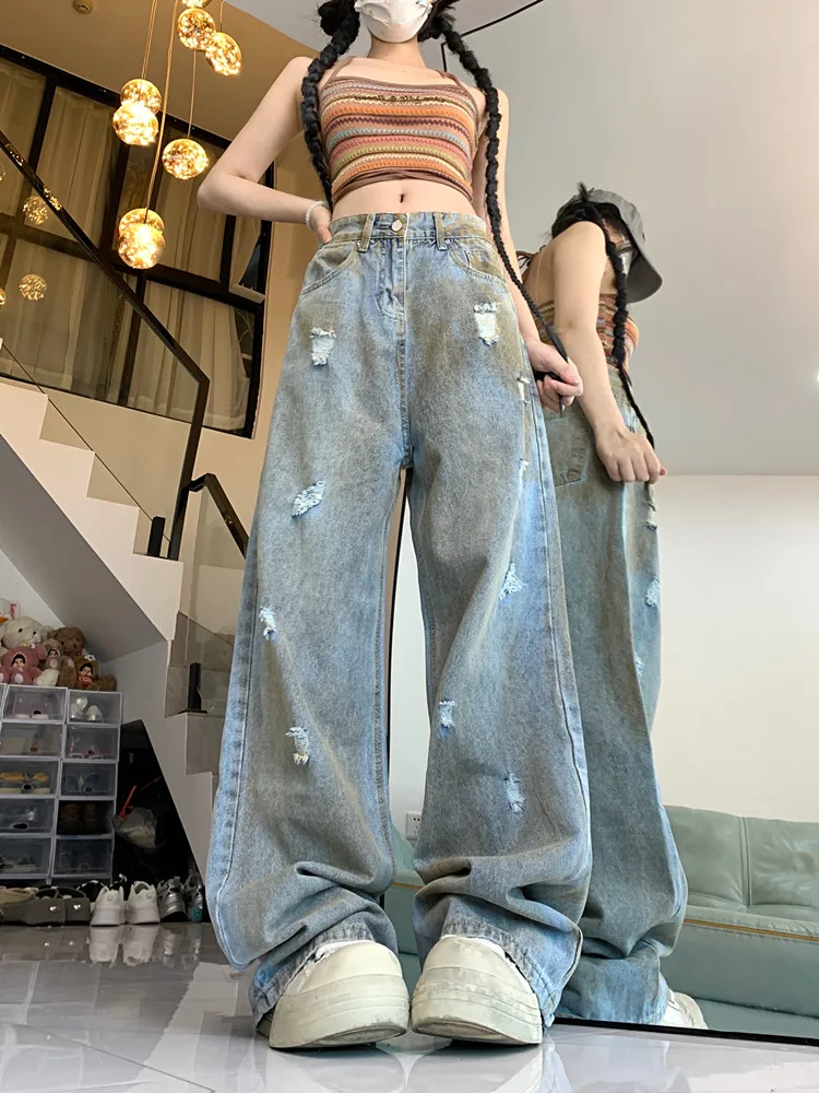 

Women Blue Ripped Jeans Baggy Harajuku Wasteland Style Denim Trousers Y2k Jean Pants Vintage Japanese 2000s Style Trashy Clothes