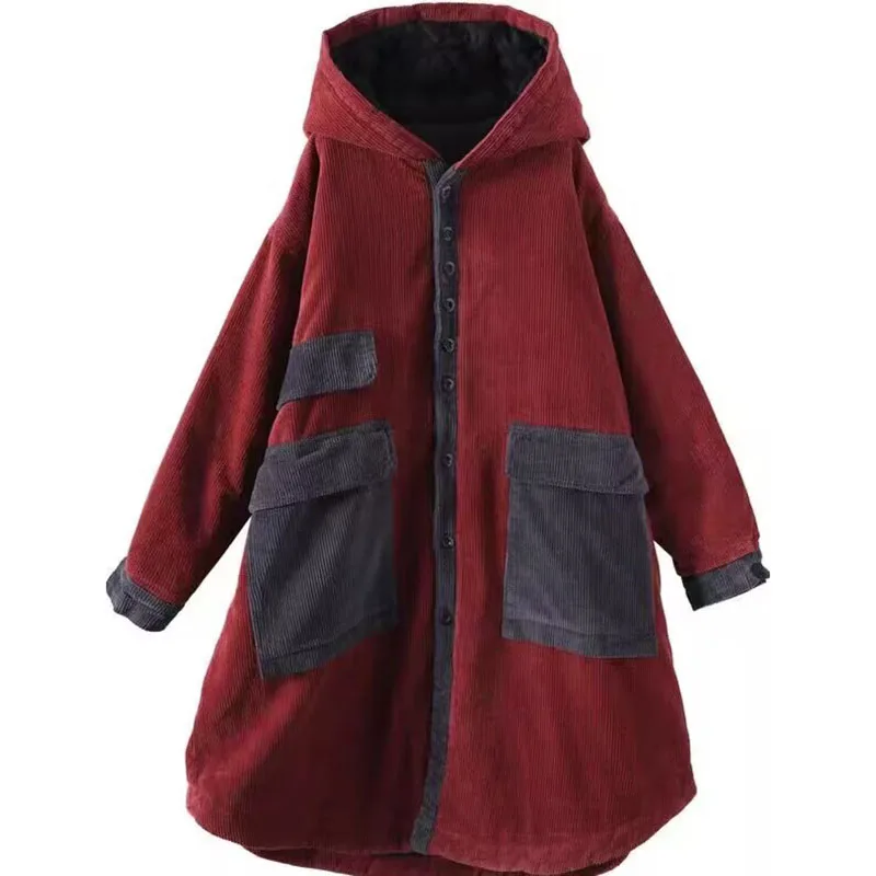 Manteau à Capuche En Velours Côtelé Pour Femme 2024 - Surdimensionné, Boutonné, Avec Poches - Style Utilitaire