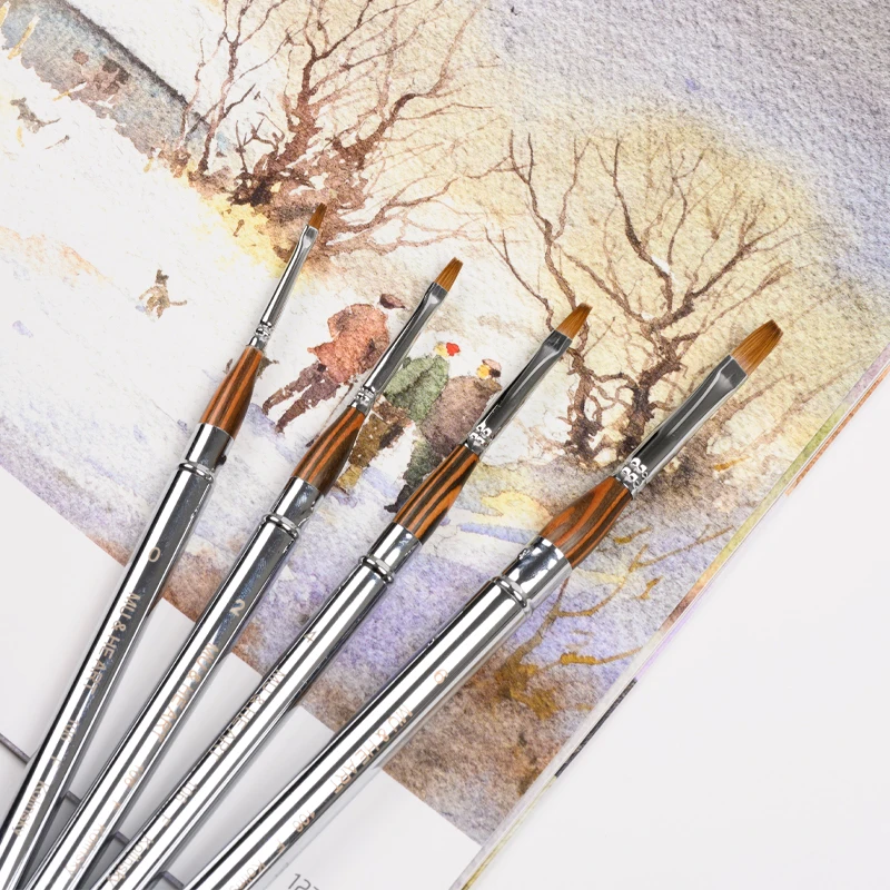 

Travel Mini Pen Pure Kolinsky Hair Artist Watercolor & Acrylic & Oil Painting Brush Tool Silver Cap Flat Sable 106F MU HE ART