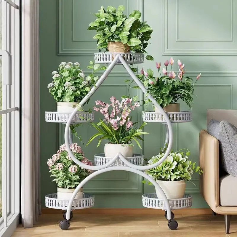 Heart-Shaped Iron Multi-Tier Plant Stand with Wheels Living Room Flower Stand Indoor Decorative Green Plant Shelf Heavy Loading