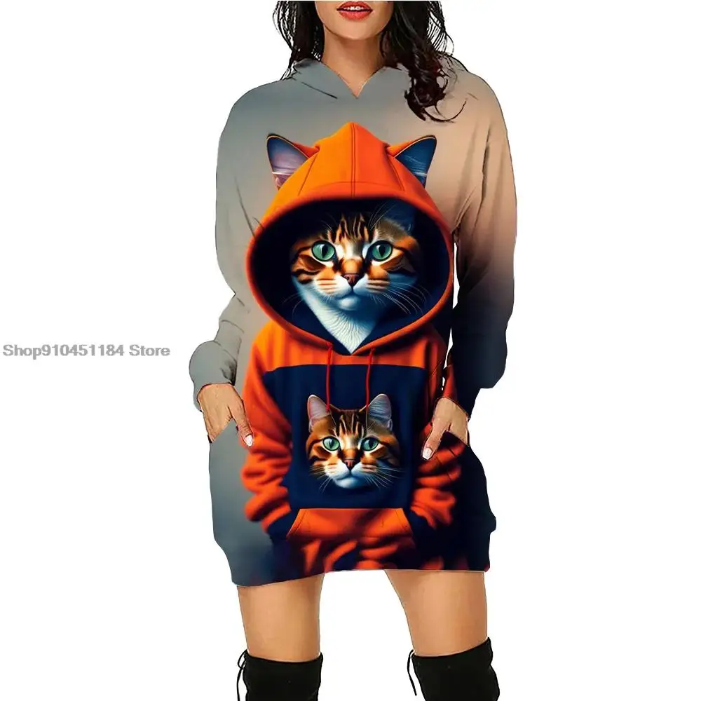 Fashion Cartoon Cat Hoodies 3D Printed Women Hoodie Dress Daily Workout Long Sleeve Pockets Pullover Autumn Winter Loose Casual