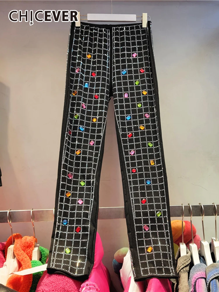 

CHICEVER Patchwork Diamonds Colorblock Trousers For Women High Waist Streetwear Fashion Slimming Pants Female Autumn Clothing