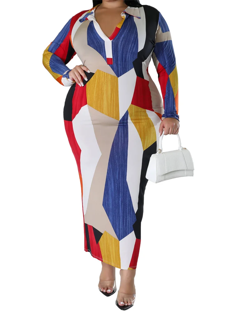 Wmstar Plus Size Dresses for Women Printed Fashion Long Sleeve Bodycon Stretch Fall Clothes Maxi Dresses Wholesale Dropshipping