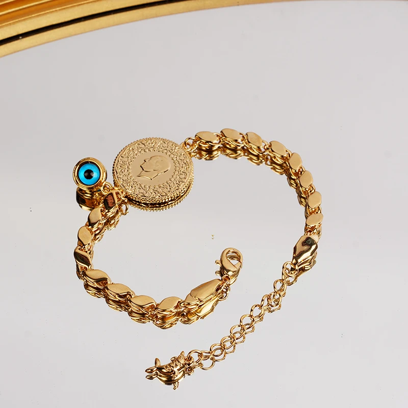 Bracelet Jewelry Muslim Islamic Money Coin Jewelry Bracelet Luxury Gold Plated Blue Eye Chain Bangles Arabic Middle East Wedding Gifts