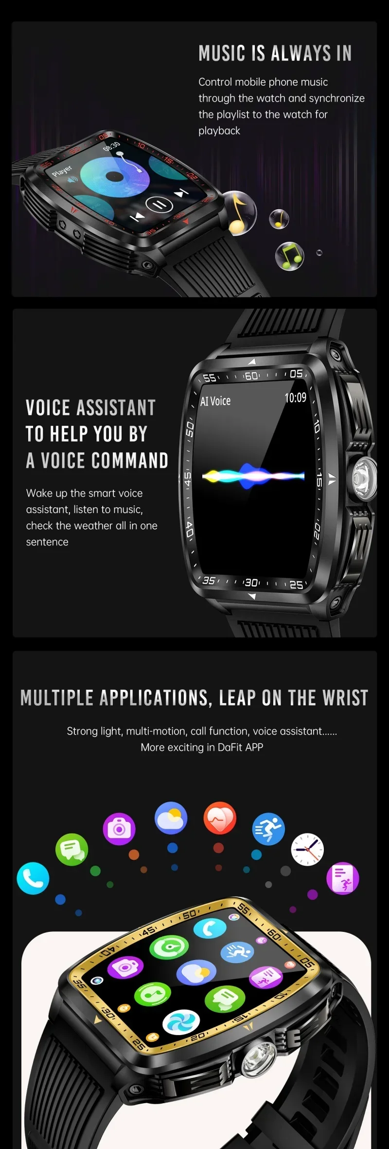 Relógio inteligente masculino militar com monitor de saúde, IA, voz, chamada Bluetooth, fitness, à prova d'água, esportivo, smartwatch para celular iOS e Android_voghion.com