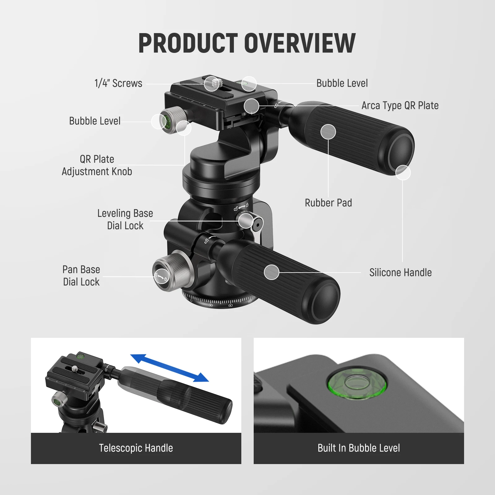 NEEWER 3 Way Tripod Head Pan/Tilt with &plusmn;15&deg; Leveling Bowl Base 3 Axis Photography Fluid Head with Precise Damping Friction