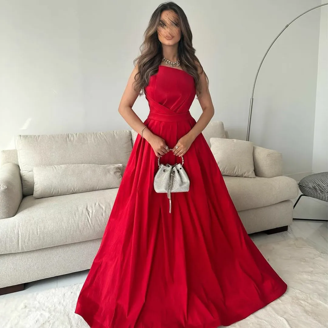 

Vintage Long Scalloped Satin Evening Dresses With Pockets A-Line Red Pleated Sweep Train Formal Prom Dress for Women