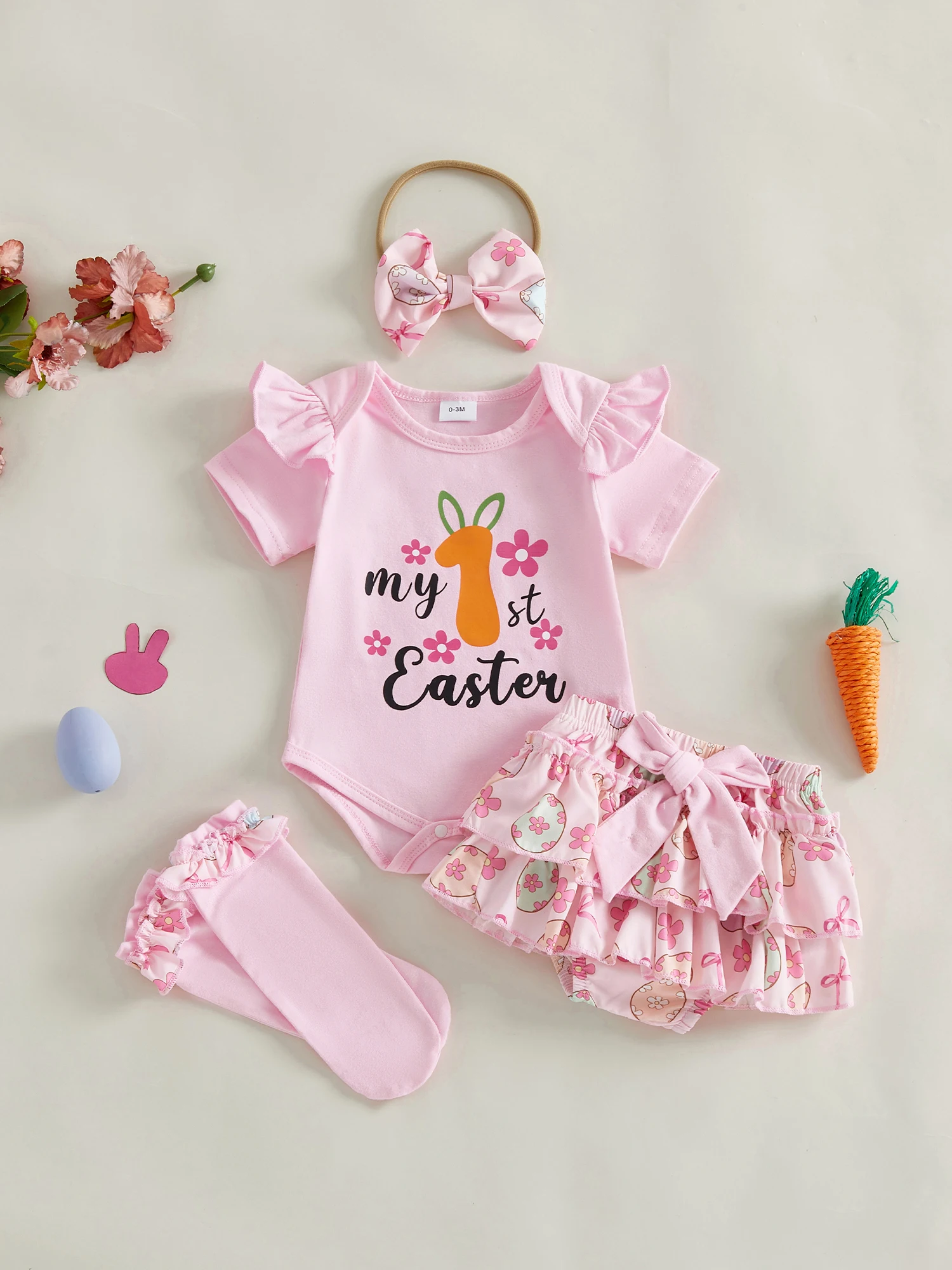 Baby Mädchen Ostern Kleidung Set Niedliche Buchstaben Blumendruck Kurzarm Strampler mit Skort Stirnband Strümpfe 4-teiliges Outfit – Detail 4