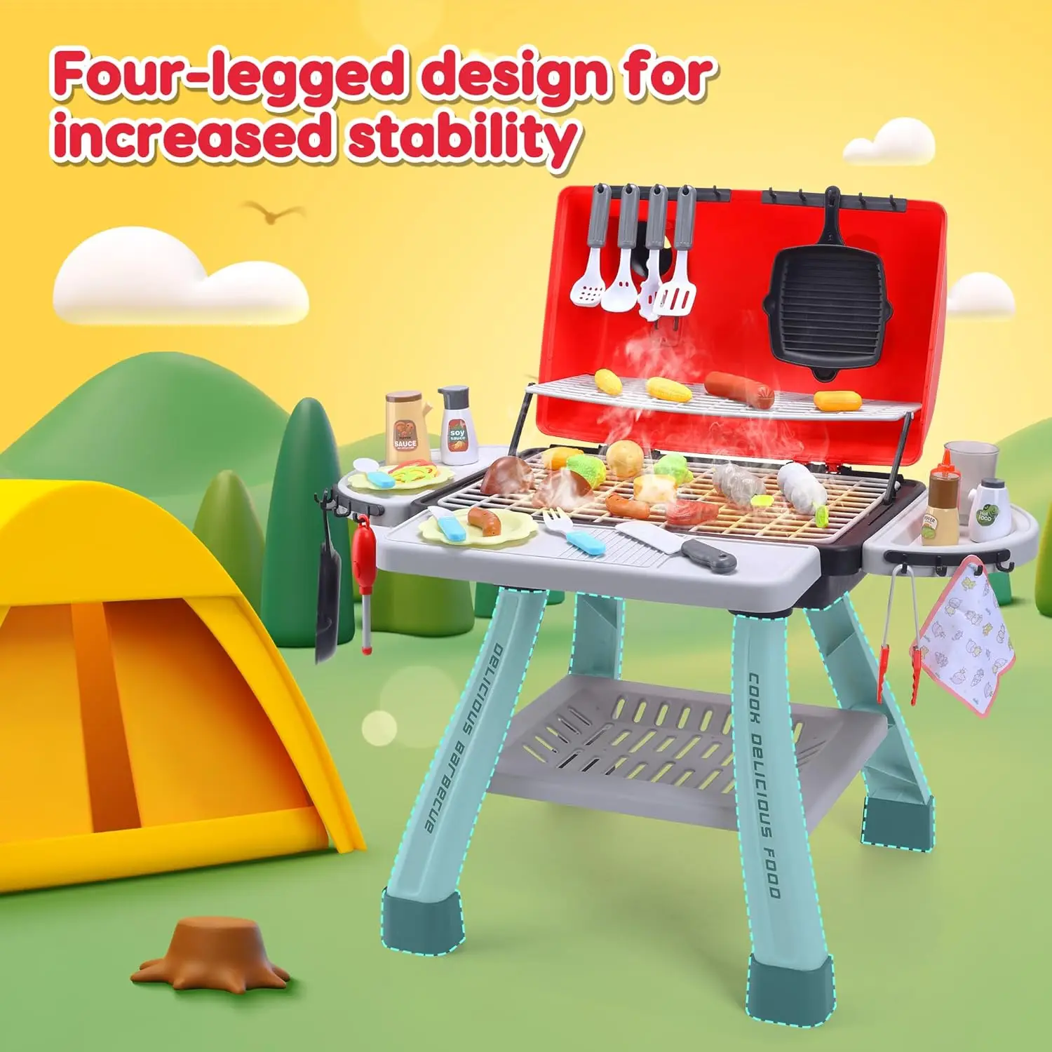 CUTE STONE Children's BBQ Grill Toy, Kitchen Playset, Realistic Smoke BBQ Grill Playset with Toy Kitchen Accessories. 2