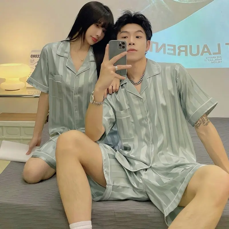 Summer Couple Sleepwear Two Sets (Buy One Get One Free) Pajamas Sets Short Sleeve Cardigan Shorts Silk Homewear Nightwear Suits