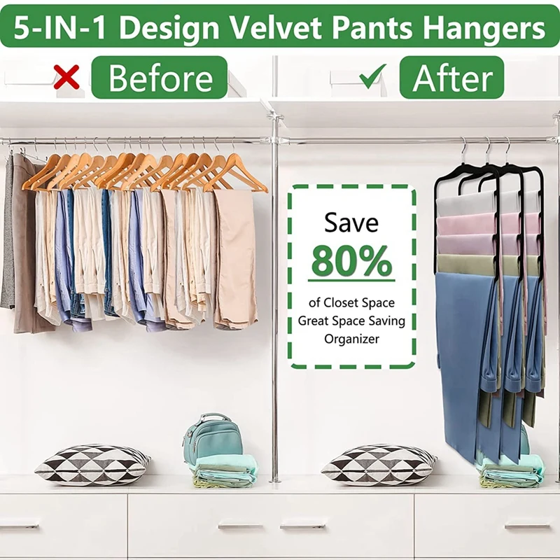 Velvet Pants Hanger Space Saving,Black Non-Silp Velvet Hangers with Hook,  Multi Tier Ultra Thin Trousers Hangers, Closet Clothes Hangers Organizer  Storage for Trousers, Scarves, Jeans 