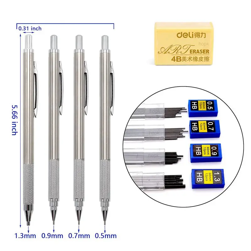 Full Metal Mechanical Pencil 0.3mm/0.5mm/0.7mm/0.9mm High Quality HB/2B Automatic Pencils