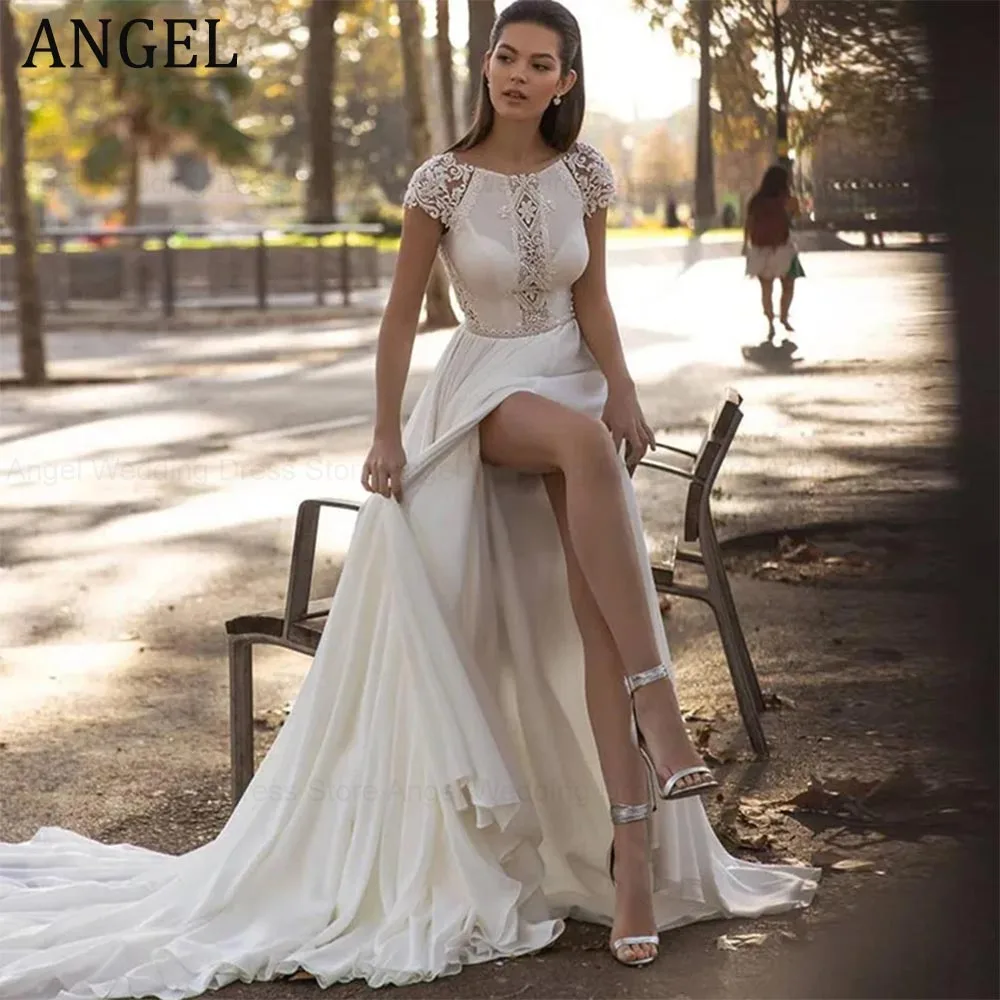 

ANGEL Classic Chiffon A-Line Wedding Dress For Women Cap Sleeves Floral Pattern Cut-Out Bridal Gown High Slit Vestido De Novia