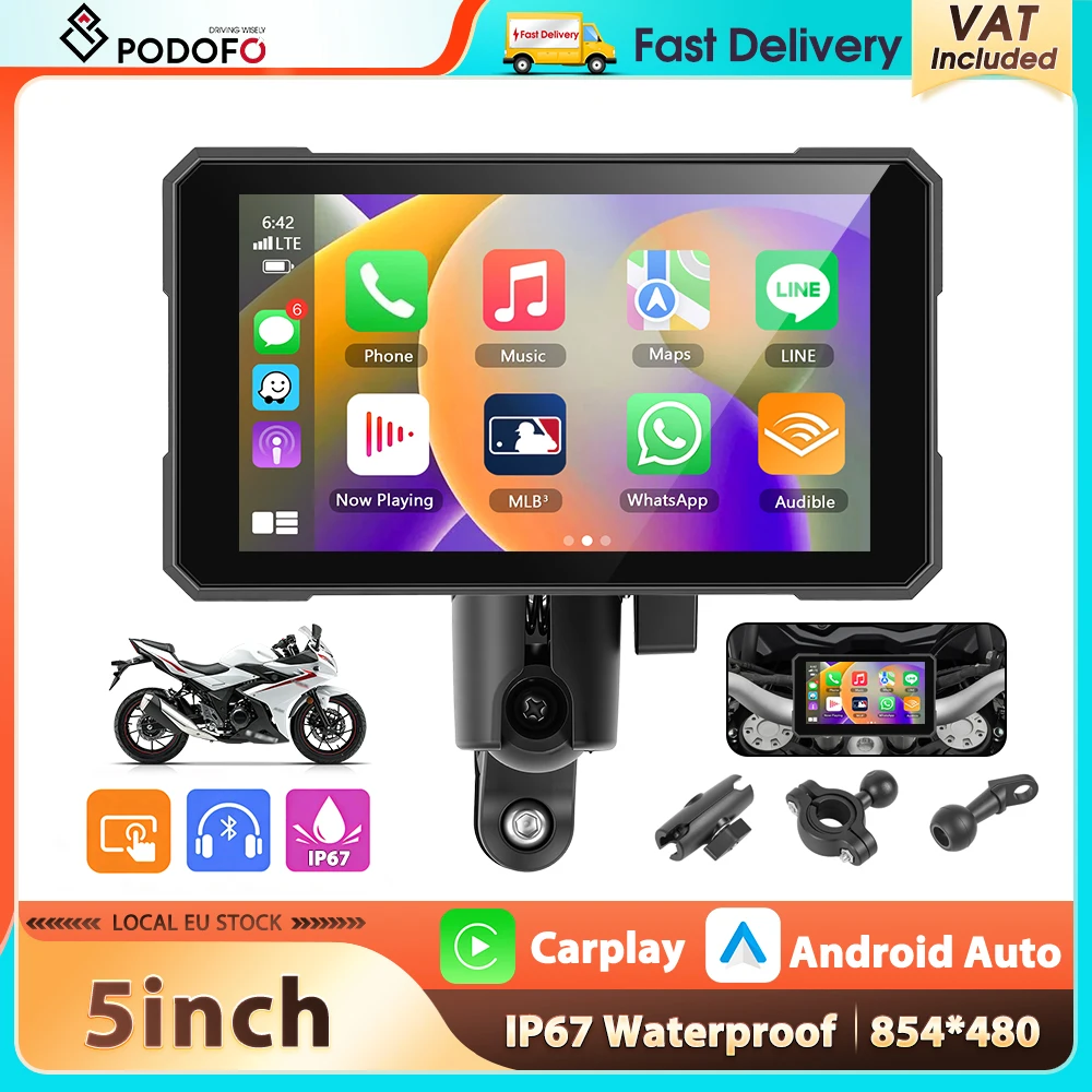Reproductor de Pantalla Inteligente para Motocicleta Podofo de 5'' con Pantalla Táctil, Carplay, Android Auto, Resistente al Agua IP67, Brillo Automático, Reproductor Portátil para Motocicleta 1