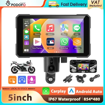 Reproductor de Pantalla Inteligente para Motocicleta Podofo de 5'' con Pantalla Táctil, Carplay, Android Auto, Resistente al Agua IP67, Brillo Automático, Reproductor Portátil para Motocicleta 1