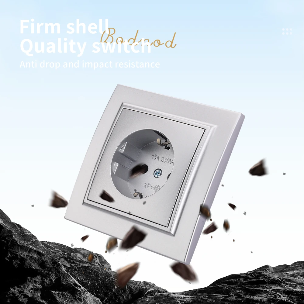 WESA Silvery Socket Plug Power Socket EU Electrical Outlett With Ground Flame Retardant Spray Paint Plastic Wall Embed Electrical Socket Power Socket