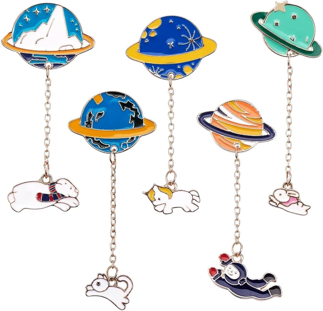 Cute Colorful Enamel Planet Brooch Cartoon Rabbit Astronaut Pendant Lapel Pins  for Clothes Bags Backpacks Stylish