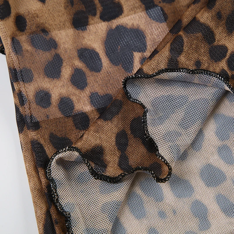 Leopard Print Lace-Up Blouse Shirts Women Semi-Sheer Mesh Elegant Fashion Sexy Flared Sleeve Ruffled Cardigan Tops