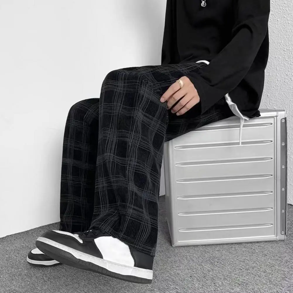 Men Mid-Rise Drawstring Pockets Straight Wide Leg Pants Plaid Print Loose Casual Pants for men Streetwear pantalones hombre