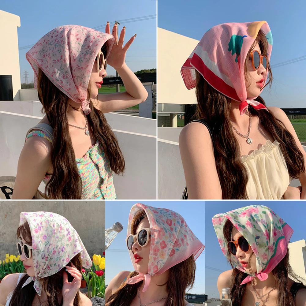 

Flower Printed Hairband Fashion Women Headscarf Soft Bandanas Square Scarf Sunscreen Hair Scarves Cotton Linen Handkerchief